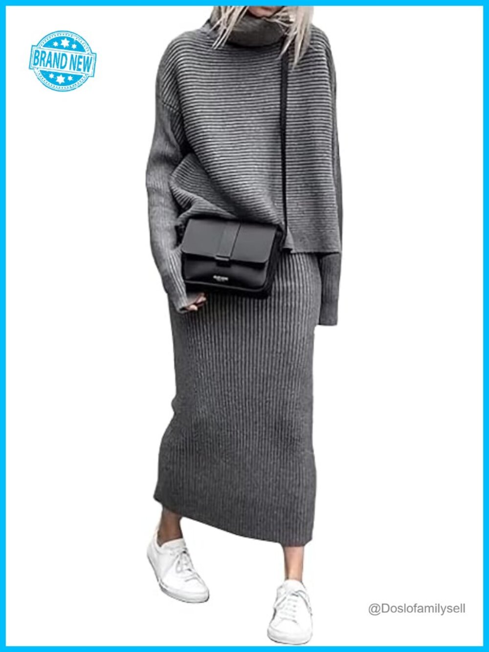 Ribbed Knit 2 Piece Sweater Set Turtleneck Pullover Maxi Skirt